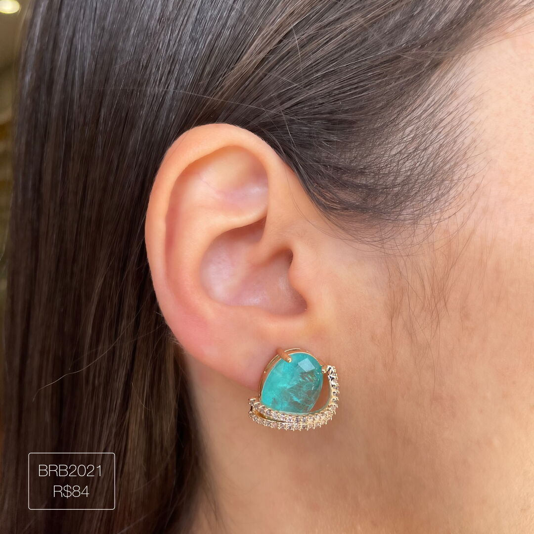 Brinco Pedra Oval Fusion Cravejado Cristal Dourado